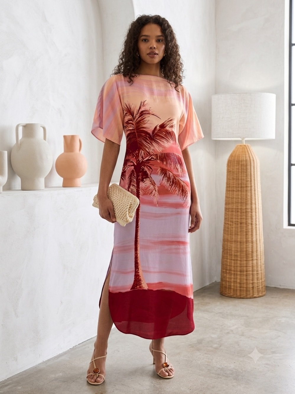 Hemant and Nandita Asma Palm Tree Sunset Crepe Boat Neck Maxi Dress Small NWT